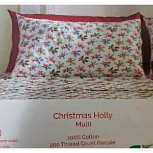 Cath Kidston London Pair Standard Pillow Cases 21x28 In Christmas Holly cotton